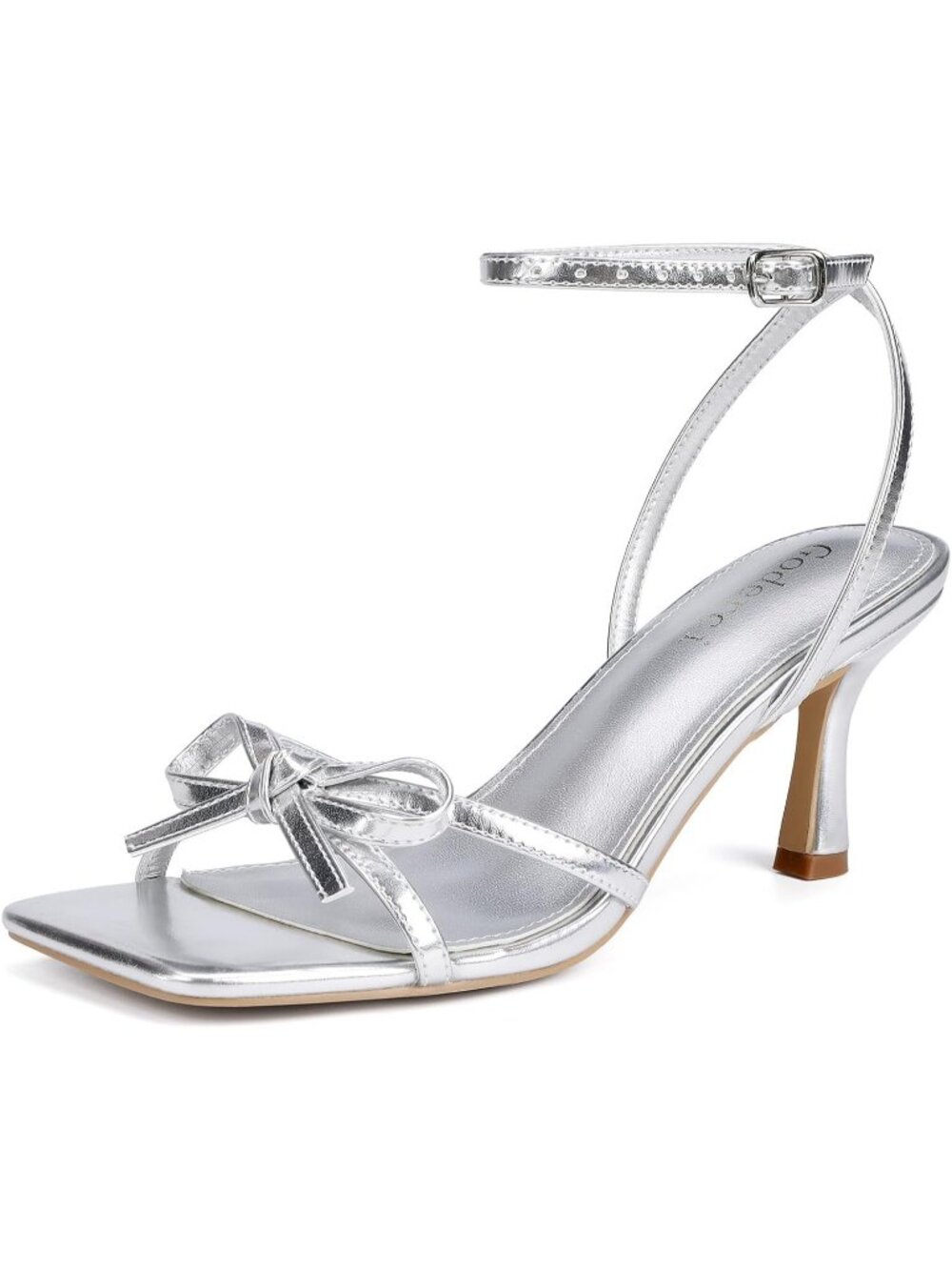 Women's Silver Kitten Heels with Bow Strappy Square Open Toe Mid Heeled Sandals